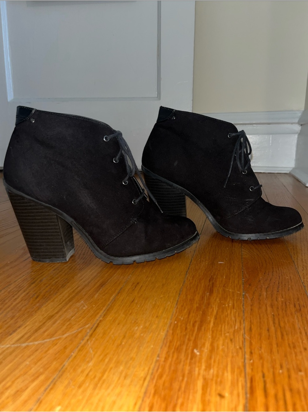 Call It Spring Black Suede Lace-Up Block Heel Ankle Boots
